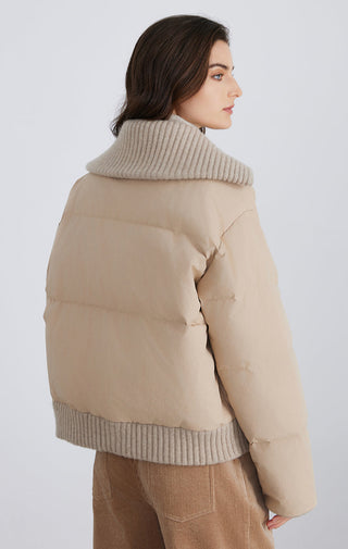 Camel cashmere down jacket back view with ribbed hem and stand collar