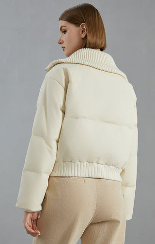 White cashmere down jacket back view with ribbed hem and puffer panel quilting