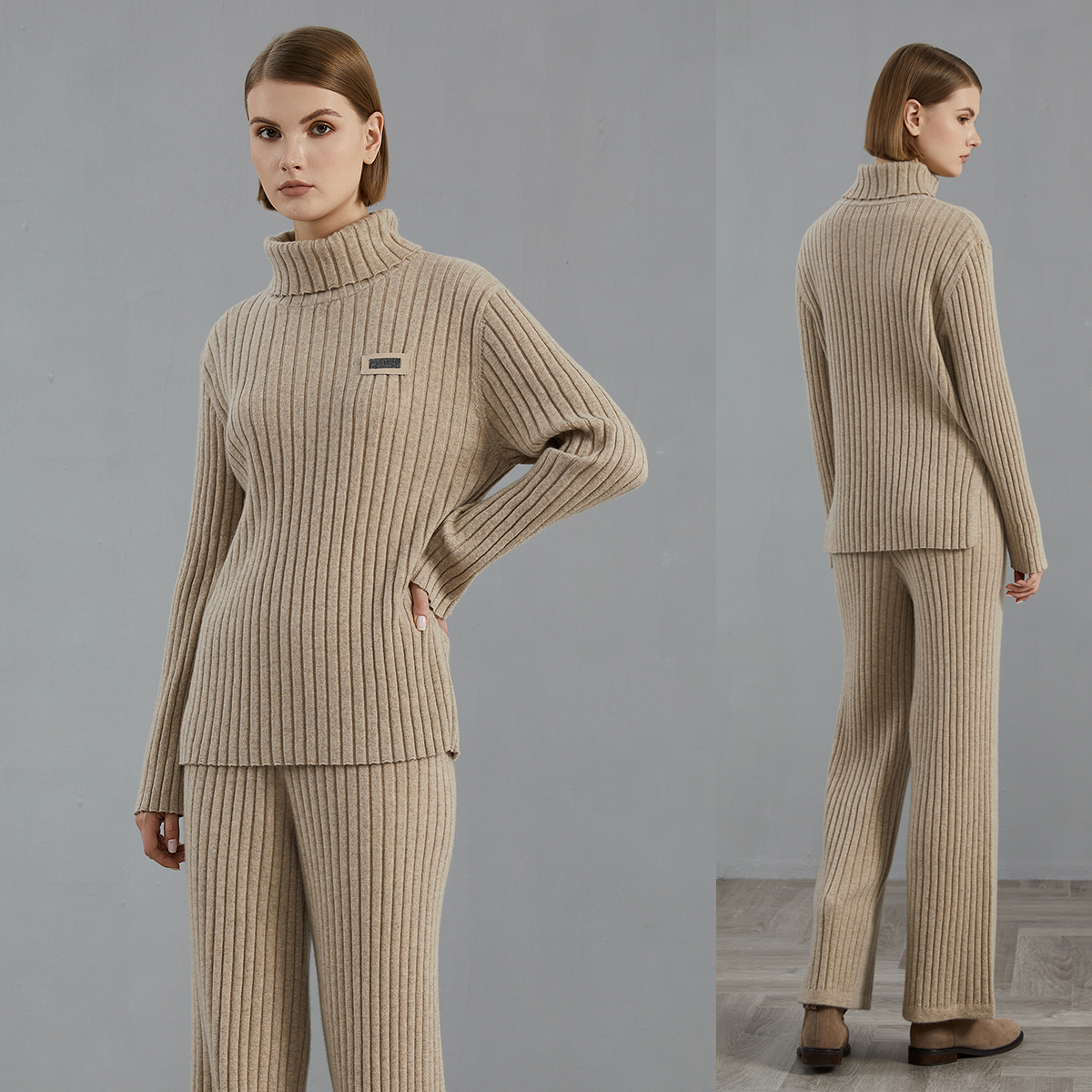 Women's Elegant Woolen Set with Tailored Top and Slim Pants