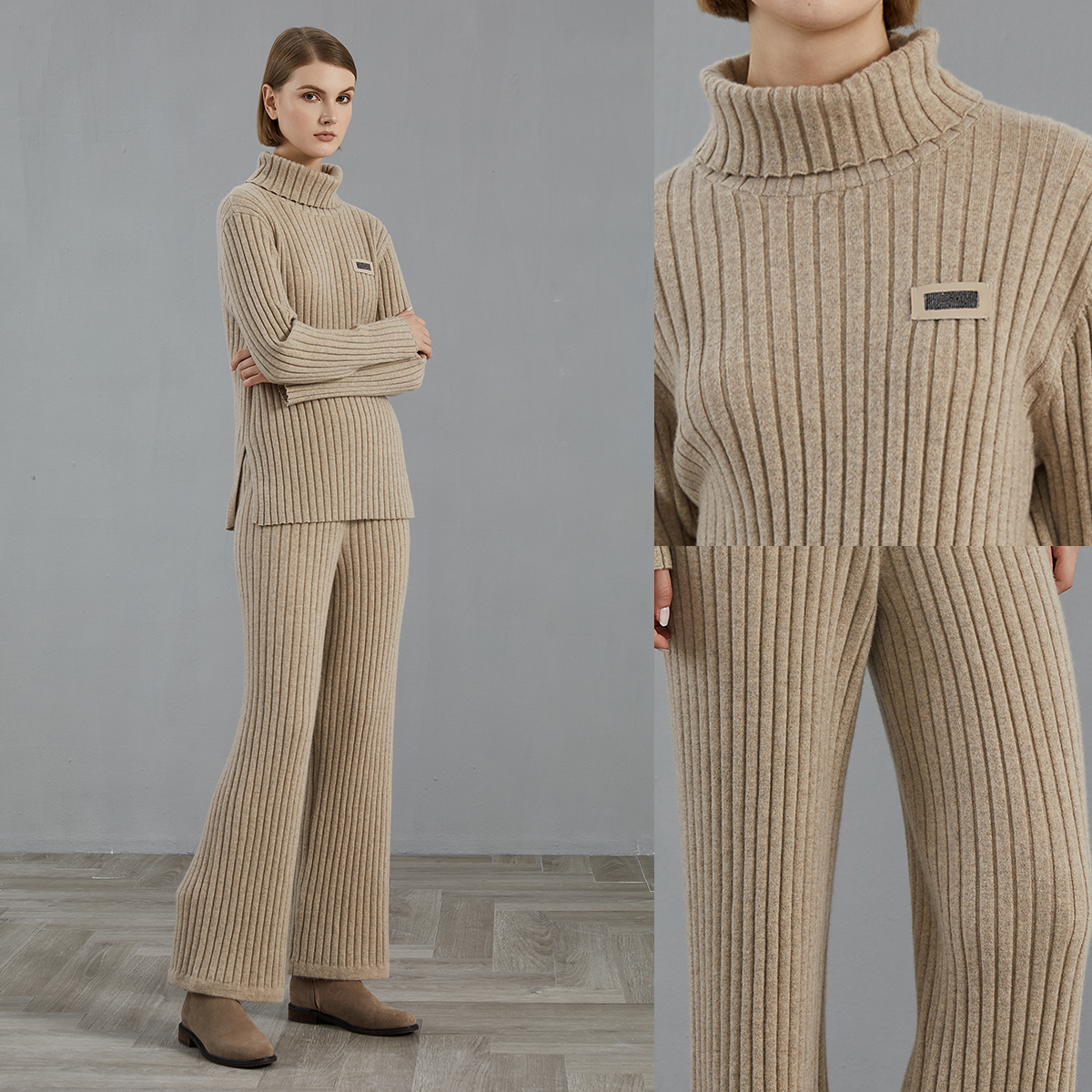 Women's Elegant Woolen Set with Tailored Top and Slim Pants