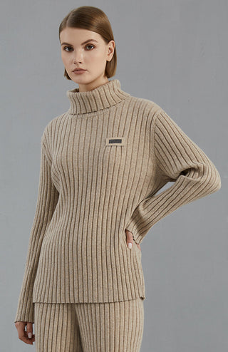 Camel ribbed cashmere turtleneck sweater with logo patch and snug cuffs