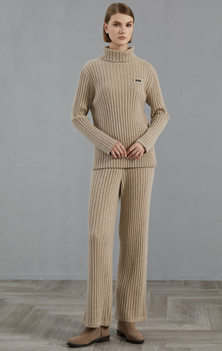 Camel ribbed turtleneck sweater and matching ribbed pants set, logo patch on chest