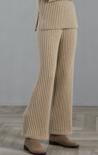 Camel cashmere ribbed knit pants, wide-leg flare with vertical ribbed texture