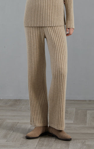 Camel cashmere ribbed knit pants, full-length wide leg with vertical ribbed panels