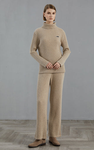 Camel cashmere ribbed knit pants, high-rise wide-leg silhouette