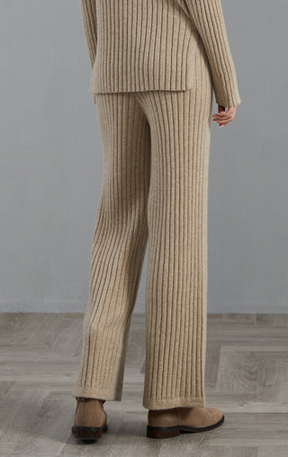 Camel cashmere ribbed knit pants, straight-to-flare wide leg with ribbed hem