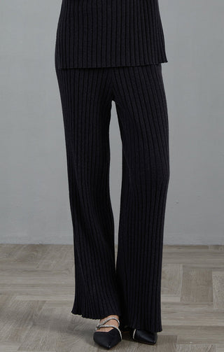 Graphite gray cashmere ribbed knit pants, wide flare with vertical ribbing