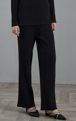 Graphite gray cashmere ribbed knit pants, full length wide leg with stitched rib lines