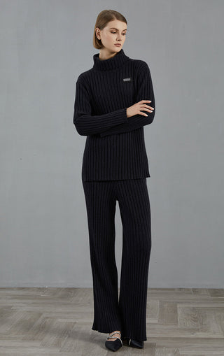 Graphite gray cashmere ribbed knit pants, high-rise wide-leg style