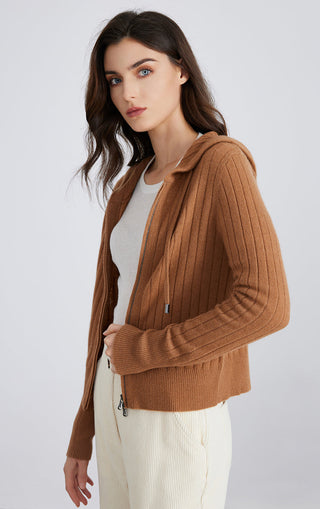 Brown ribbed hooded zip knit cardigan, zip front and relaxed fit with long sleeves.