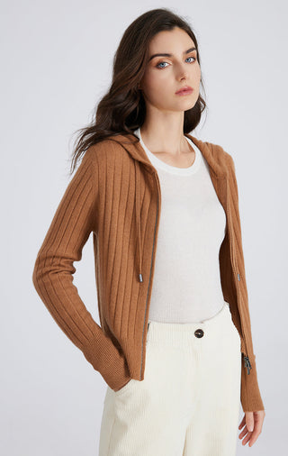 Brown hooded zip cardigan with ribbed knit texture, long sleeves and front zipper.