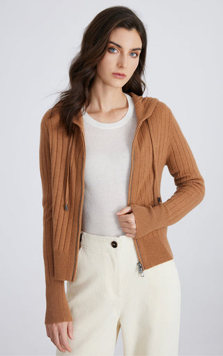 Brown ribbed zip knit cardigan with hood, front zip closure and side seam pockets.