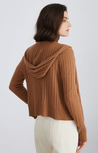 Brown ribbed hooded zip cardigan, back view shows draped hood and cable-like knit texture.