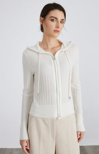 White ribbed hooded zip cardigan, front zipper and two slim drawcord accents.