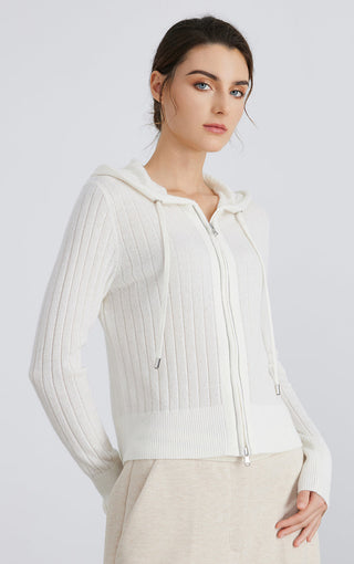 White ribbed hooded zip knit cardigan, drawstring hood with front zipper closure.