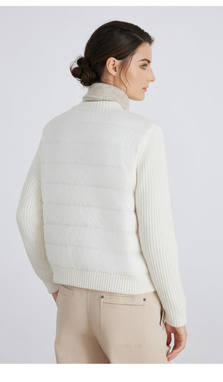White down puffer jacket back view with ribbed-knit sleeves and quilted yoke