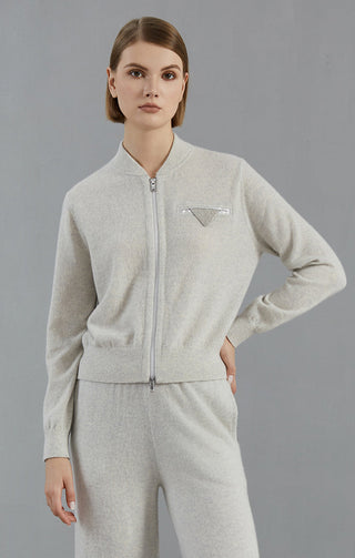 Light gray cashmere zip cardigan with beaded chest triangle detail and stand collar