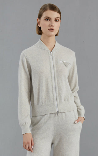 Light gray cashmere zip cardigan, beaded chest triangle detail on the front