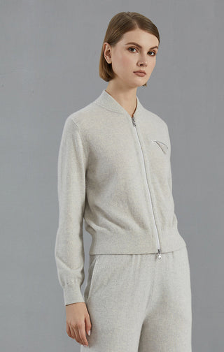 Light gray cashmere zip cardigan with beaded triangle chest detail and zip front
