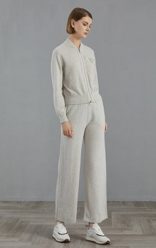 Light gray cashmere zip cardigan with beaded chest triangle detail, long sleeves