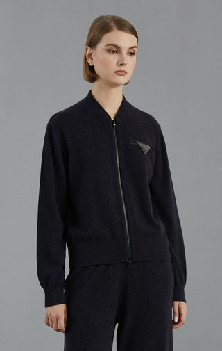 Graphite gray cashmere zip cardigan with beaded chest triangle detail and stand collar