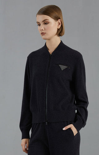 Graphite gray cashmere zip cardigan, beaded chest triangle and full-length zip front