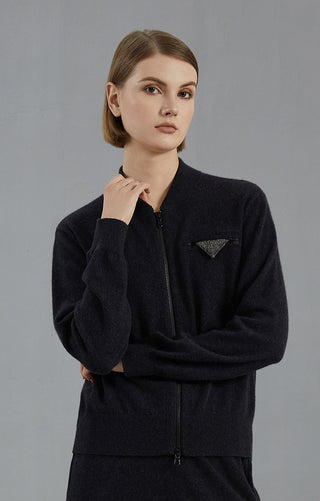 Graphite gray cashmere zip cardigan with beaded chest triangle detail and zip closure