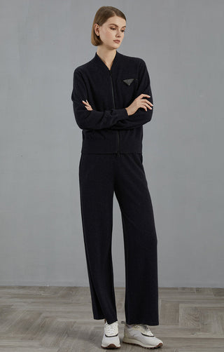 Graphite gray cashmere zip cardigan with beaded chest triangle detail, relaxed fit