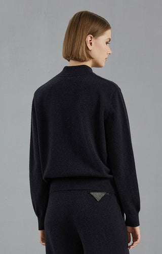 Graphite gray cashmere zip cardigan, back view with banded hem and zip closure