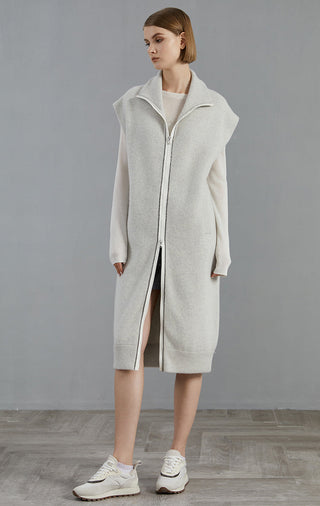 Light gray cashmere knit long coat with front zipper and split hem, stand collar