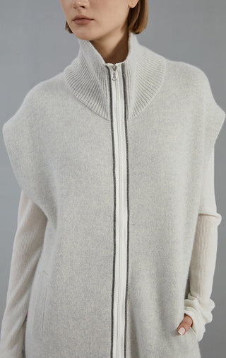 Light gray cashmere knit coat close-up of stand collar and front zip detail