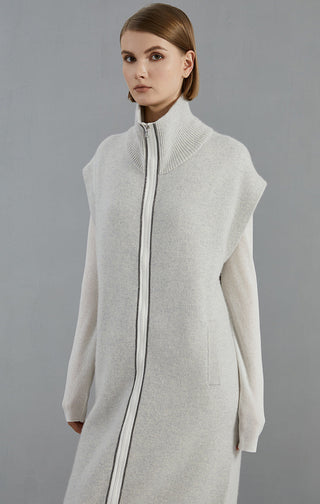 Light gray cashmere knit coat front view, stand collar and long zipper placket