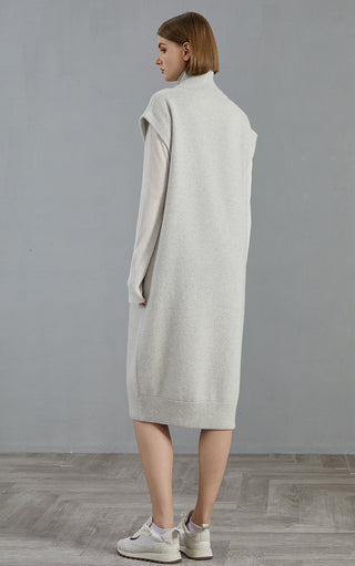 Light gray cashmere knit coat back view, ribbed hem and sleeveless silhouette