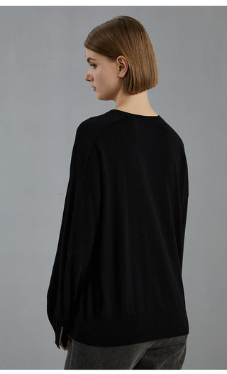 Black wool round-neck sweater back view with long loose sleeves and smooth knit
