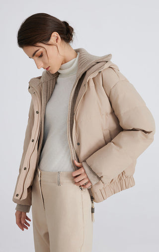 Camel down puffer jacket with ribbed mock layer, full-zip front and side pockets