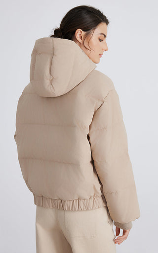 Camel down puffer jacket back view, hood with mock-layer knit, elastic hem and cuffs