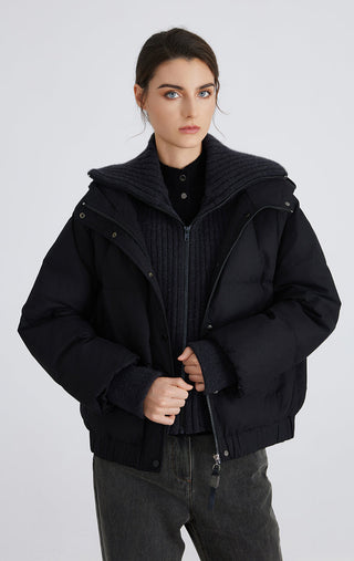Graphite gray cashmere mock-layer down puffer jacket with hood, front zip and snaps