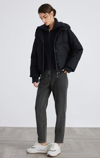 Graphite gray down puffer jacket, hooded mock neck, front zipper, elastic waist hem