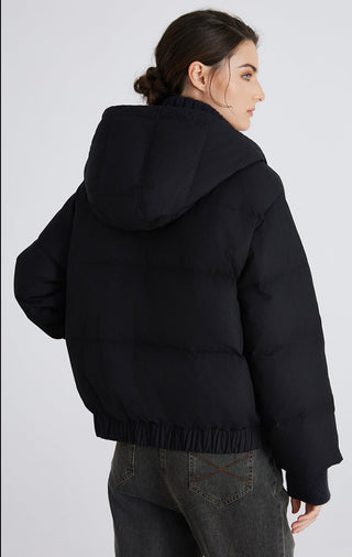 Graphite gray puffer jacket back view, hood, quilted down fill, elastic waist hem