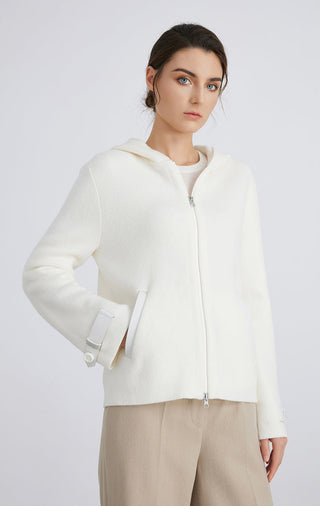 White wool knit hooded jacket, full-zip with metal pull; front pockets.