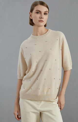 Beige cashmere sweater with embroidered dot accents, crew neck and short sleeves