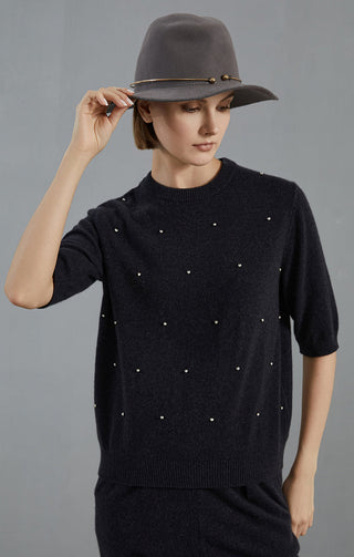 Graphite gray cashmere sweater with embroidered dot accents, crew neck and short sleeves