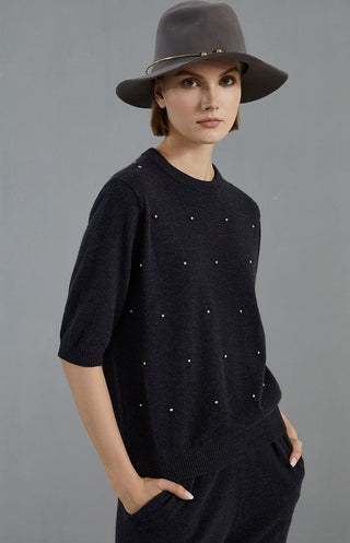 Graphite gray cashmere sweater front view with scattered embroidered dot accents