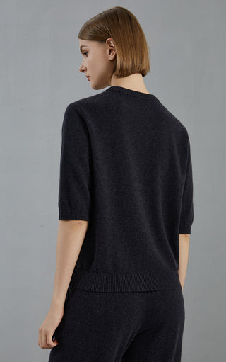 Graphite gray cashmere sweater back view, smooth knit and ribbed hem