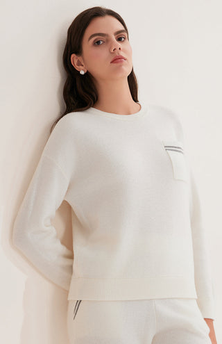 Cream wool knit sweater with chest pocket and stacked stripe detail