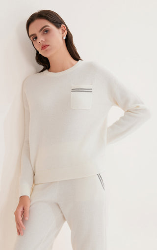Cream wool knit sweater with crew neck and dual stripe chest pocket detail