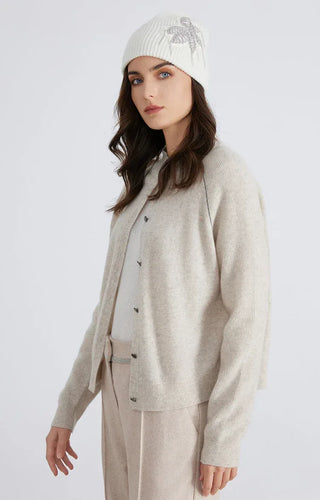 Beige cardigan sweater with button placket and relaxed long sleeves