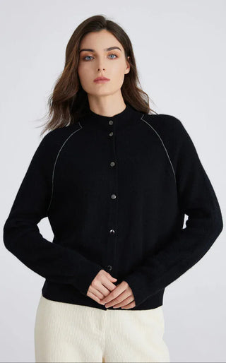 Black cashmere-blend knit cardigan with button front and ribbed neckline trim