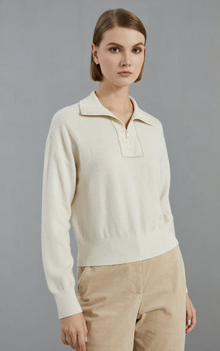 White cashmere half-zip sweater with ribbed cuffs and hem, short placket collar