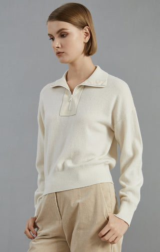 White cashmere half-zip sweater with zip neck detail and relaxed fit, long sleeves